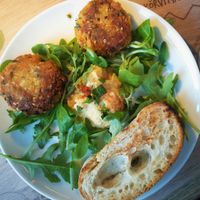 Falafel plate with hummus, rucola salad and chiabatta. Actually there are more falafels but this was a sample dish. at Vapiano - Solaris in Tallinn