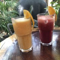 Golden juice and red juice  at Arte Sano in Holbox