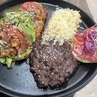 Grilled huarache ( cactus) with rice, beans, warm tortillas and salad for lunch on another visit  at Arte Sano in Holbox