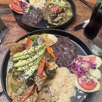 Opposite is cactus, front is chiquiles  at Arte Sano in Holbox