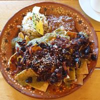 Chilaquiles verdes with hibiscus tinga at Arte Sano in Holbox