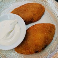 Fried mash potato and soy granules at Radharane in Kaunas