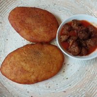 Mashed Potatoe pancake stuffed with soy protein at Radharane in Kaunas