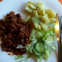 gulash with potatoes at Radharane in Kaunas