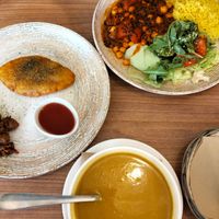 Lentil soup, Patato  pancake with soy meat, chickpea stew
 at Radharane in Kaunas