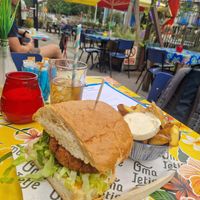 Quinoa burger, French fries with vegan mayo and ginger lemonade at Oma Ietje in Amsterdam