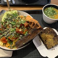 Vege bolo with waffle and avocado, soup, and dessert at Silex & Fourchette in Toulouse