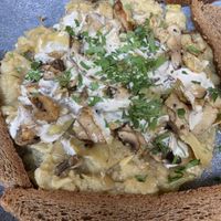 Baked eggplant with artichoke, mushrooms, parsley and tahini   at Safsal in Tel Aviv