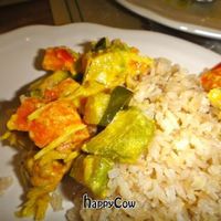 Basmati brown rice with steamed vegetables with a curry coconut sauce (was very good but not very spicy - next time, I will ask for more spice). at Bibliothe in Rome