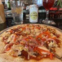 Vegan Pizza with some beverages  at Angeli's Pizzeria in Baltimore