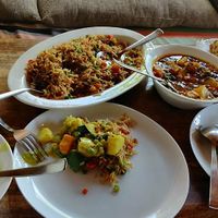 Thai coconut curry, fried rice, peas and potato curry at Joy in Candolim