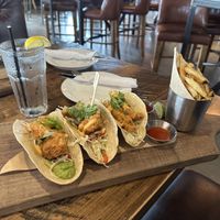 Plant-based Faux “Fish” Tacos (with beer battered meatless chick’n) with Fresh Russet Fries  at Beertown Public House in Burlington