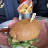 Vegan chick’n sandwich with fries  at Beertown Public House in Burlington