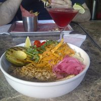 Vegan Yucatan Bowl with sesame tofu instead of the faux chicken and chipotle mayo instead of the the cider vinaigrette and a cosmopolitan to drink. at Beertown Public House in Burlington