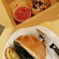 Coconut crusted chik'n sandwich; garlic knots with marinara at Kelley Farm Kitchen in Harpers Ferry