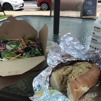 Brat with sauerkraut and side salad at Kelley Farm Kitchen in Harpers Ferry