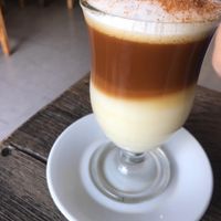 Cappucino, they have three different plant-based milks to choose from. at Sattvika Eco Panaderia in San Andres Cholula