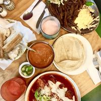Enchiladas and Soy Carnitas. Beet & Strawberry Juice! Yum! at Yug in Mexico City