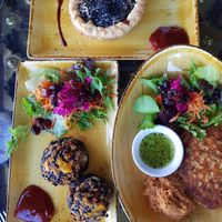 Steak and mushroom pie, stuffed mushrooms and zuchinni fritter at Lemonwood Eatery in Okato