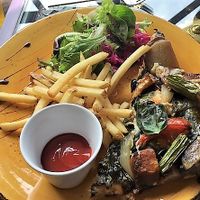 vegan pizza and shoestring fries with salad at Lemonwood Eatery in Okato