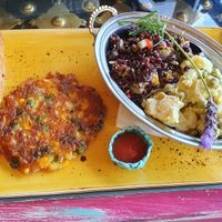 Corn fritter, Sausage roll, Quinoa & Potato salads...Wonderful! at Lemonwood Eatery in Okato