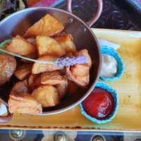 Triple fried potato chunks & dipping sauces. Yum! at Lemonwood Eatery in Okato