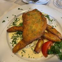 Vegetable schnitzel with mashed potato fingers  at Ulis Schlemmertreff in Baden Baden