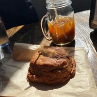 Apple Butter Biscuit (vegan) and iced coffee with oat milk   at Grass Roots Kitchen in Tarrytown