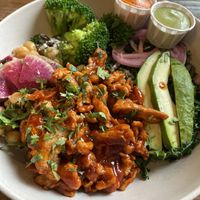 BBQ “chicken” soy curls grain bowll  at Grass Roots Kitchen in Tarrytown