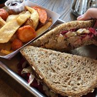 Vegan Ruben called the “Ruby” with root fries at Grass Roots Kitchen in Tarrytown