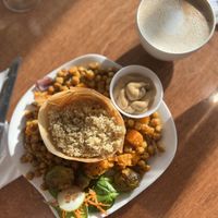 vegan buddha bowl with a vegan mocha (oat milk)!  at The Naked Crepe Bistro, Inc in Wolfville