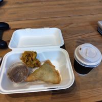 Takeaway bhaji, samosa and medium soy latte at Vedi in Derby