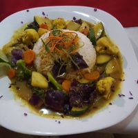 Veggie Coconut curry. You might want to tell them not so much black pepper at Hungry Grouper in San Pedro