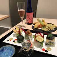Veg sushi and tempura (plus sparkling sake) at Musubi in Tokyo