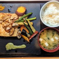 Tofu steak with rice and soup at Musubi in Tokyo