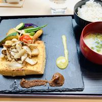 Tofu steak with rice and miso at Musubi in Tokyo