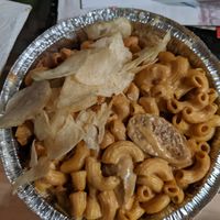 Vegan mac with chips and faux sausage at Homeroom in Oakland