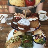 Vegan afternoon tea for two! Including teriyaki jackfruit sandwich and curried cauliflower with soy yoghurt and pomegranate salad pot 😍 at Cuthbert's in Liverpool
