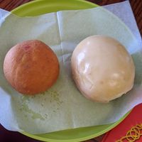 Brunch. Fantastic falafel kolache, with Boston creme filled glazed donut at Vegan Donut-Gelato in Houston