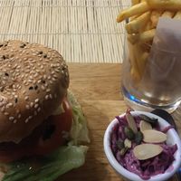 Umpteen protein burger, chips and pickles  at Moreish in Dubai