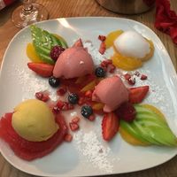 Fruit salad with strawberry, mango, and g+t sorbets at The Windmill in Macclesfield