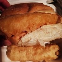 Fritter roll and battered vegan meat sausage at Gino's Fryer  in Largs