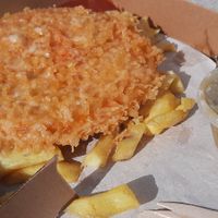 Pizza crunch and mushy peas at Gino's Fryer  in Largs