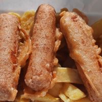 Sausages and chips at Gino's Fryer  in Largs