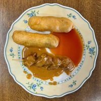 Spring rolls and 'chicken' saté. at Jade-Imbiss in Dusseldorf