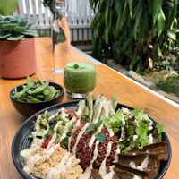 Green smoothie with banana and kale
Edamame
Eggplant bowl at Prana Center in Da Lat