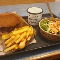 Swing Burger with fries and coleslaw at Swing Kitchen - Georgenstraße in Berlin