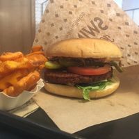 Swing burger + sweet fries  at Swing Kitchen - Georgenstraße in Berlin