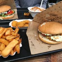 Milan and Vienna burgers, fries, VEGAN NUGGETS (so good!) with homemade sauce at Swing Kitchen - Georgenstraße in Berlin