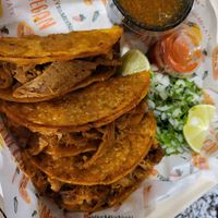 Birria tacos. Sauce and tacos are bomb! at Nissi Vegan in Austin